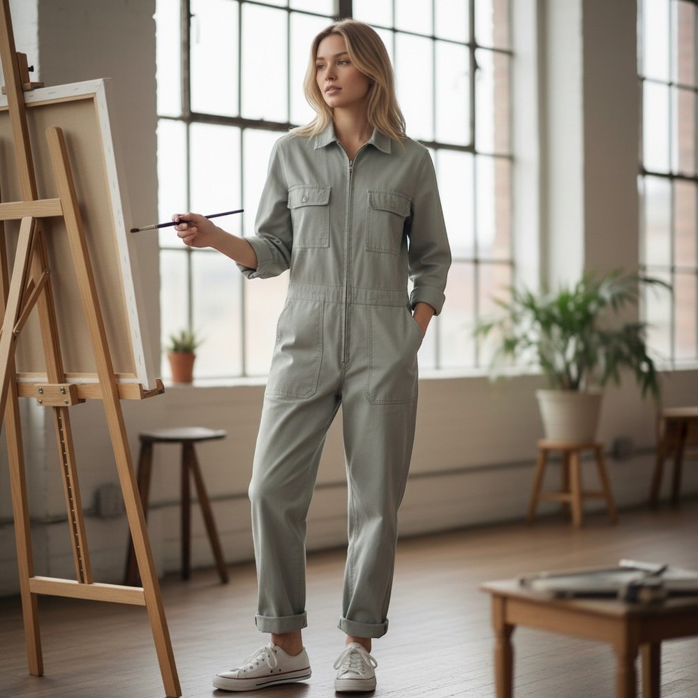 Madewell Womens Cotton Utility Jumpsuit Sage Green Long Sleeve Coverall Size M